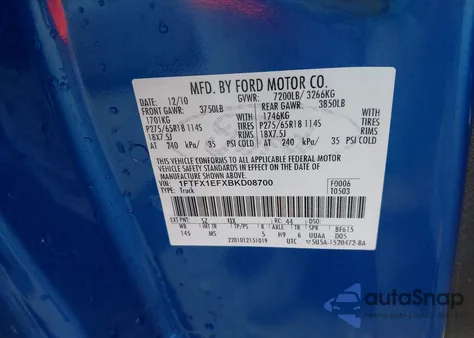 2011 Ford F-150 Xlt из США, поврежденный, VIN 1FTFX1EFXBKD08700